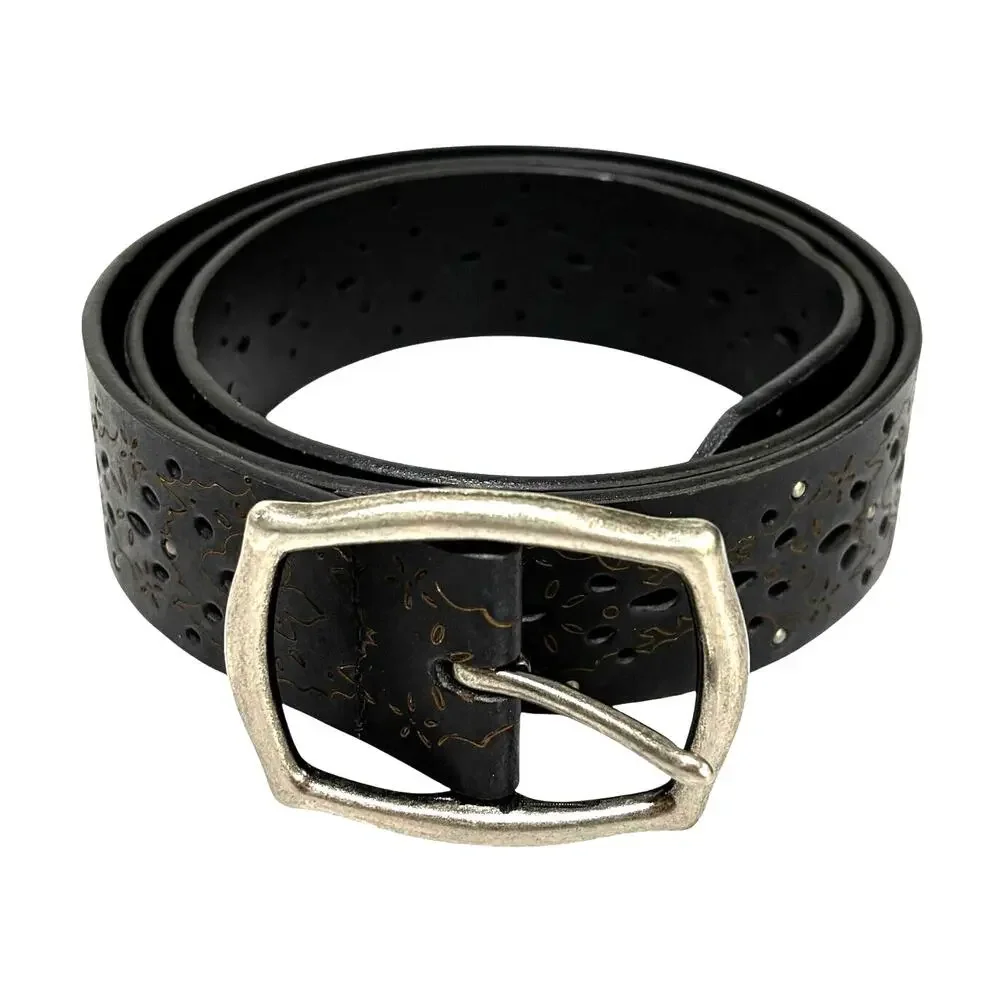 Black leather belt top stitch details laser cut nickel silver buckle & studs 42